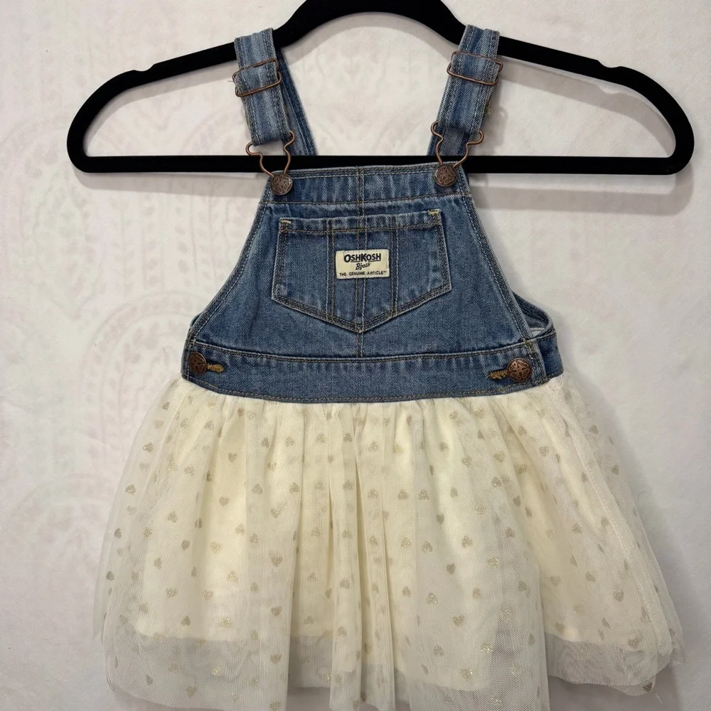 Oshkosh Girls Toddler 2T Denim Overalls Dress Cream Tulle Sparkle Hearts